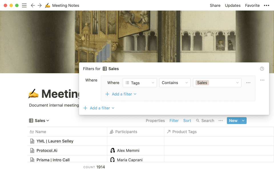 A fictionalized version of our sales meeting notes database.